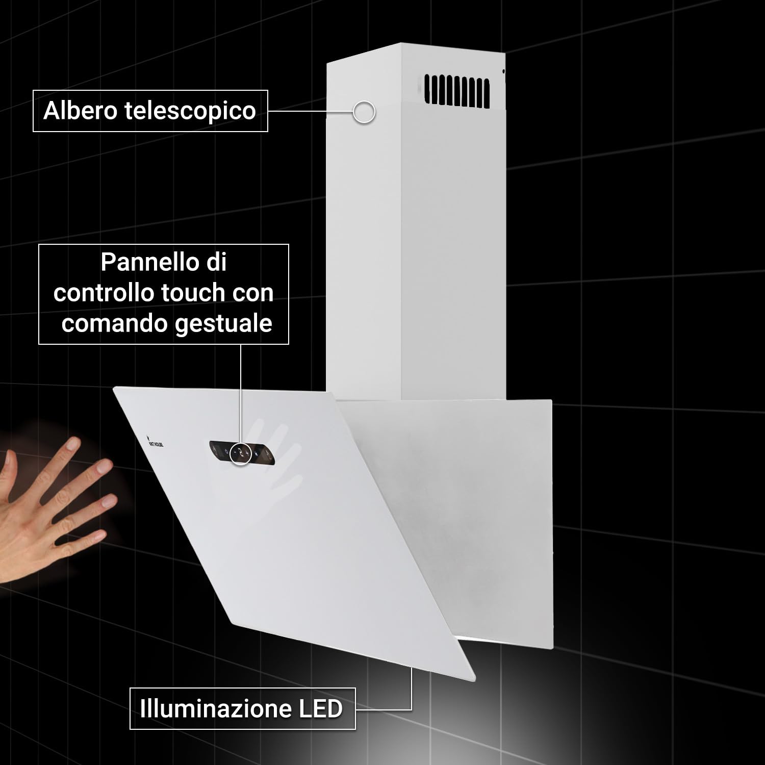 KKT KOLBE BASE6002W - Cappa aspirante da 60 cm A+++ | scarico dell'aria di ricircolo | protezione da parete | bianco | metallo | illuminazione a LED | controllo gestuale | SensorTouch | filtro ai