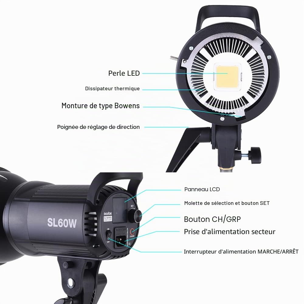 Godox SL-60W 5600K 60W LED Haute Puissance Torche Vidéo sans Fil avec Bowens Mount pour Photo Studio Photographie Video Recording