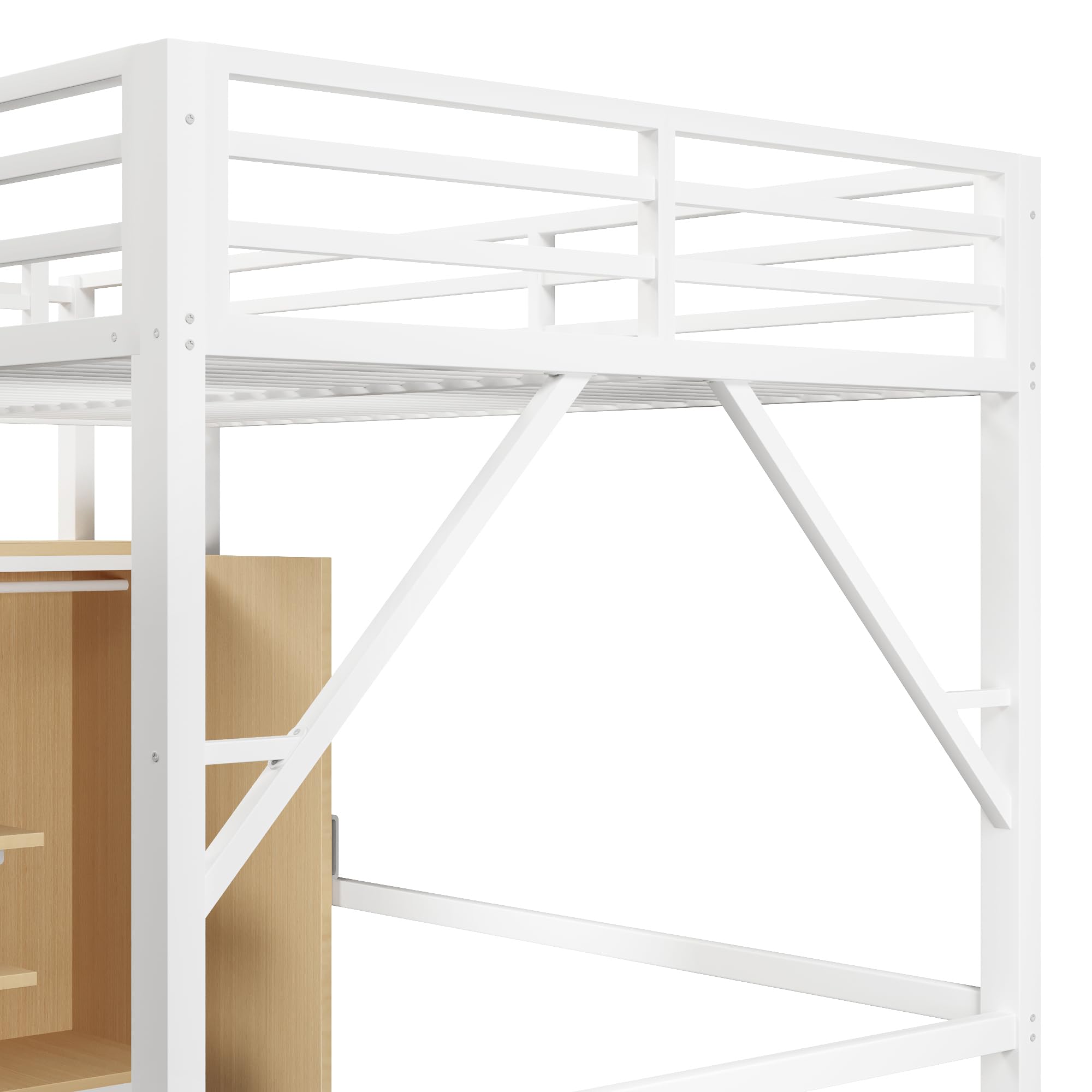 Zepneiy - Cama entrepiso con iluminación LED, 140 x 200 cm, cama entrepiso de metal, con compartimentos de almacenamiento y armario, cama doble con marco de hierro, color blanco (colchón no incluido)