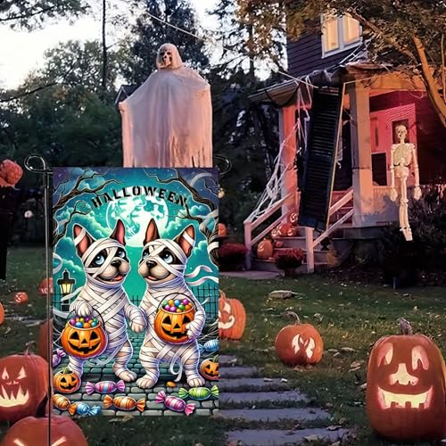 Image of Blissyard Halloween Mummy Dog Garden Flag 12x18 Inch Double Sided Cute French Bulldog Trick-or-Treat Garden Flag Pumpkin Candy Ghost Dog Flag Banner Holiday Small Halloween Yard Flags