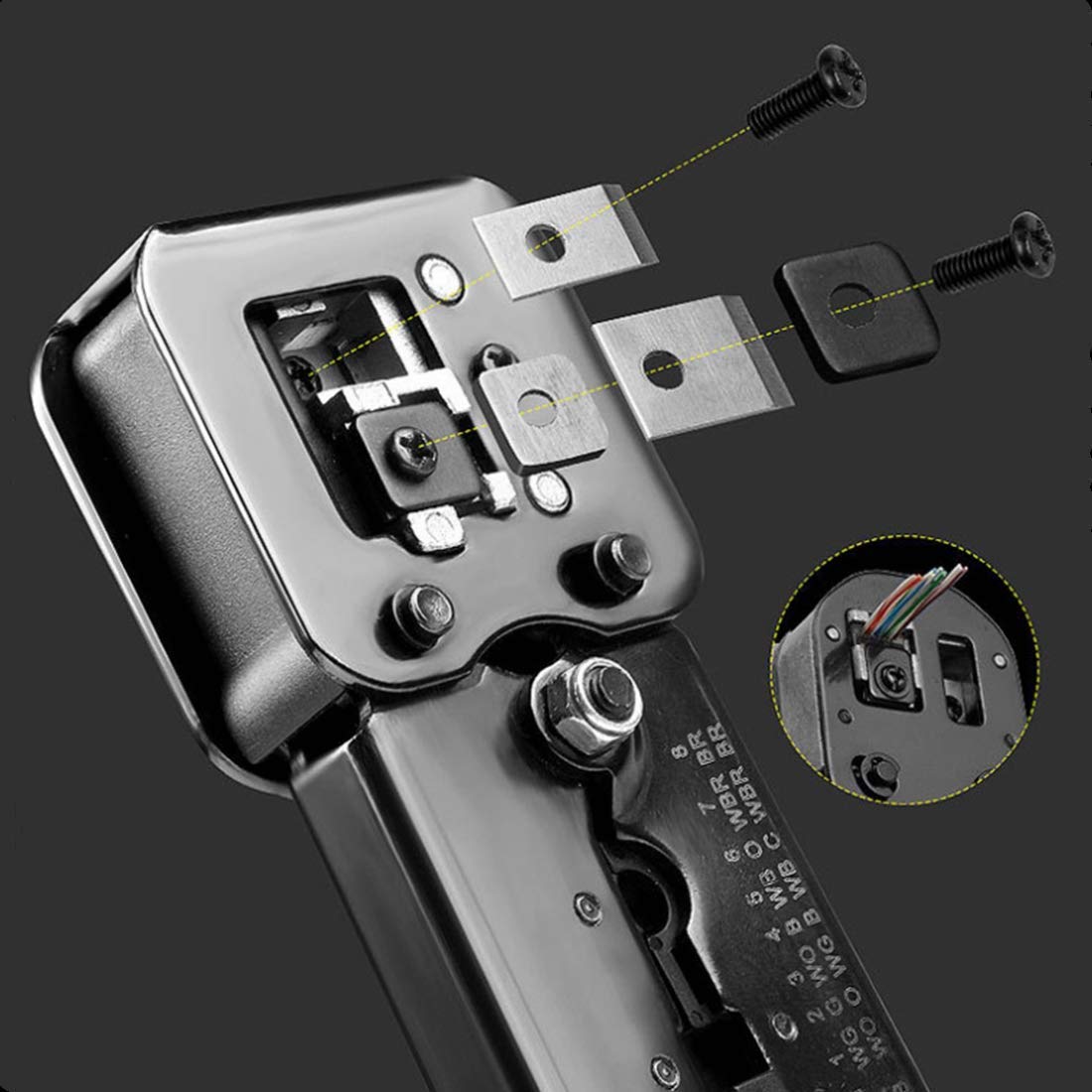 Yankok [Zaciskarka przelotowa] z zestawem ostrzy do 4P6P8P CAT5e CAT6 RJ11 RJ12 RJ45 STP/UTP okrągły płaski kabel Ethernet modułowe narzędzie do zaciskania YKCR011 pomarańczowy