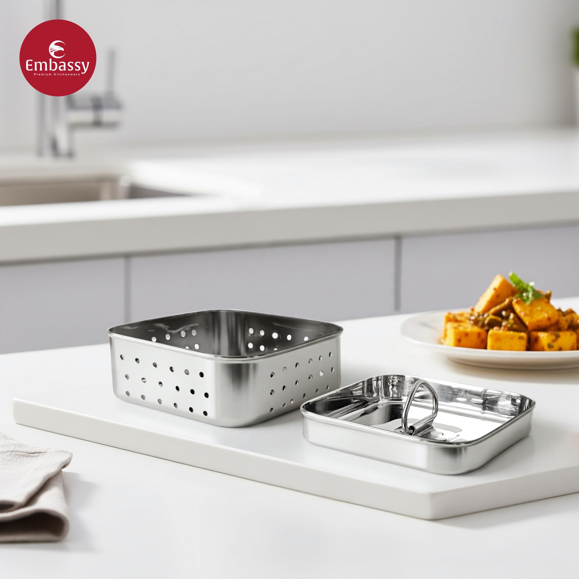 Embassy Stainless Steel Square Paneer Mould/Maker/Strainer | 500 ml | Dimension 12.5 x 12.5 cms | Size 3 | Perfect for Making Homemade Paneer/Cheese/Tofu | Dishwasher Safe 3
