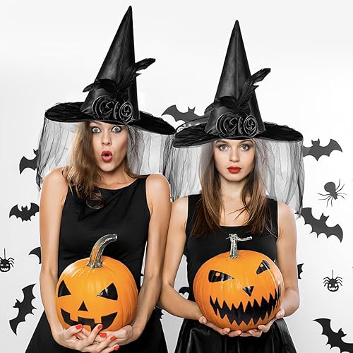 Miniatura 7 de Welkin Sombrero de bruja negro de Halloween para mujer con malla de encaje suave rosa y plumas, gorra puntiaguda plegable negra para disfraz de