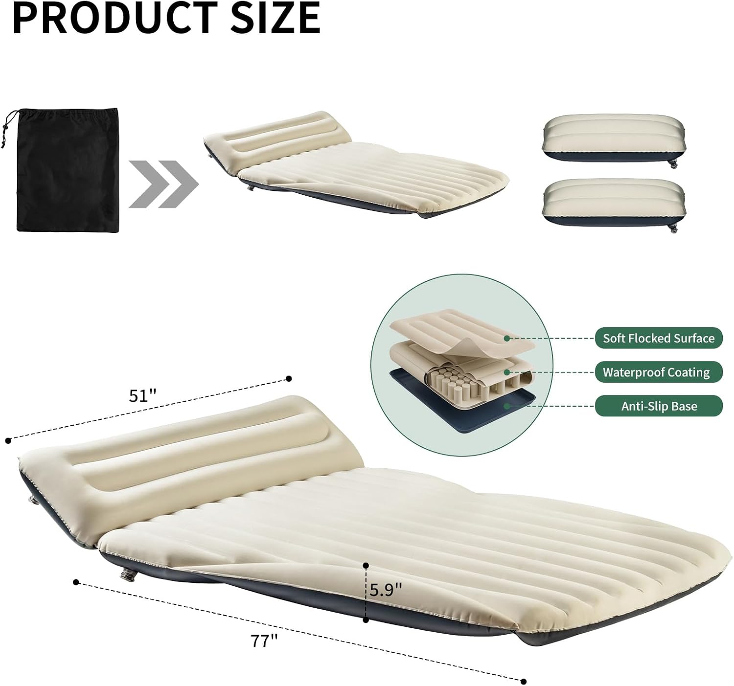 SUV Air Mattress with Air Pump, 2 Pillows, Flocking Inflatable Car Bed for SUV Trunk, Minivan, MPV, Tent, Camping, Travel, Home, Road Trip, Includes Complete Sleep Accessories
