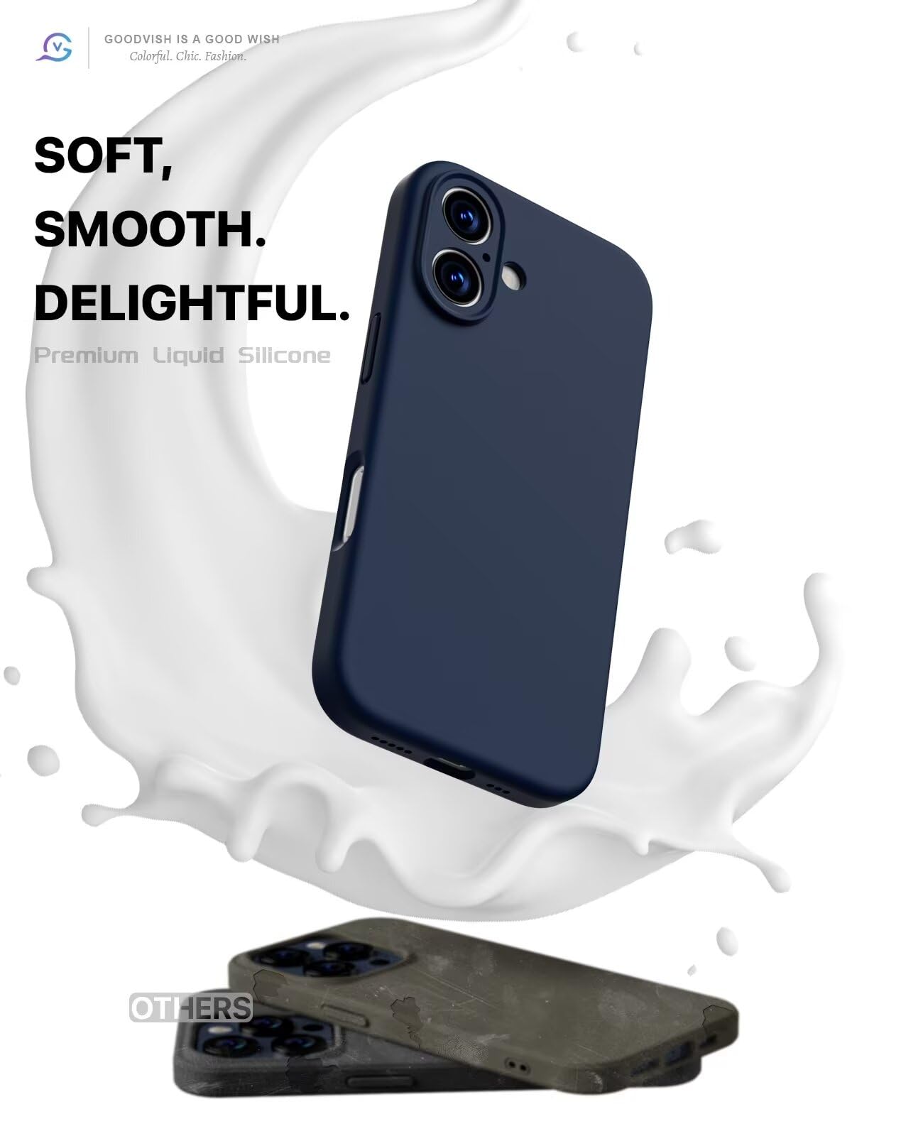 GOODVISH 3 in 1 Silicone Cover per iPhone 16 6.1", Custodia con 2 Pellicola Vetro Temperato [Protezione Fotocamera] 360° Protezione Anticaduta Case per Cellulare Antiurto Resistente, Navy Blu
