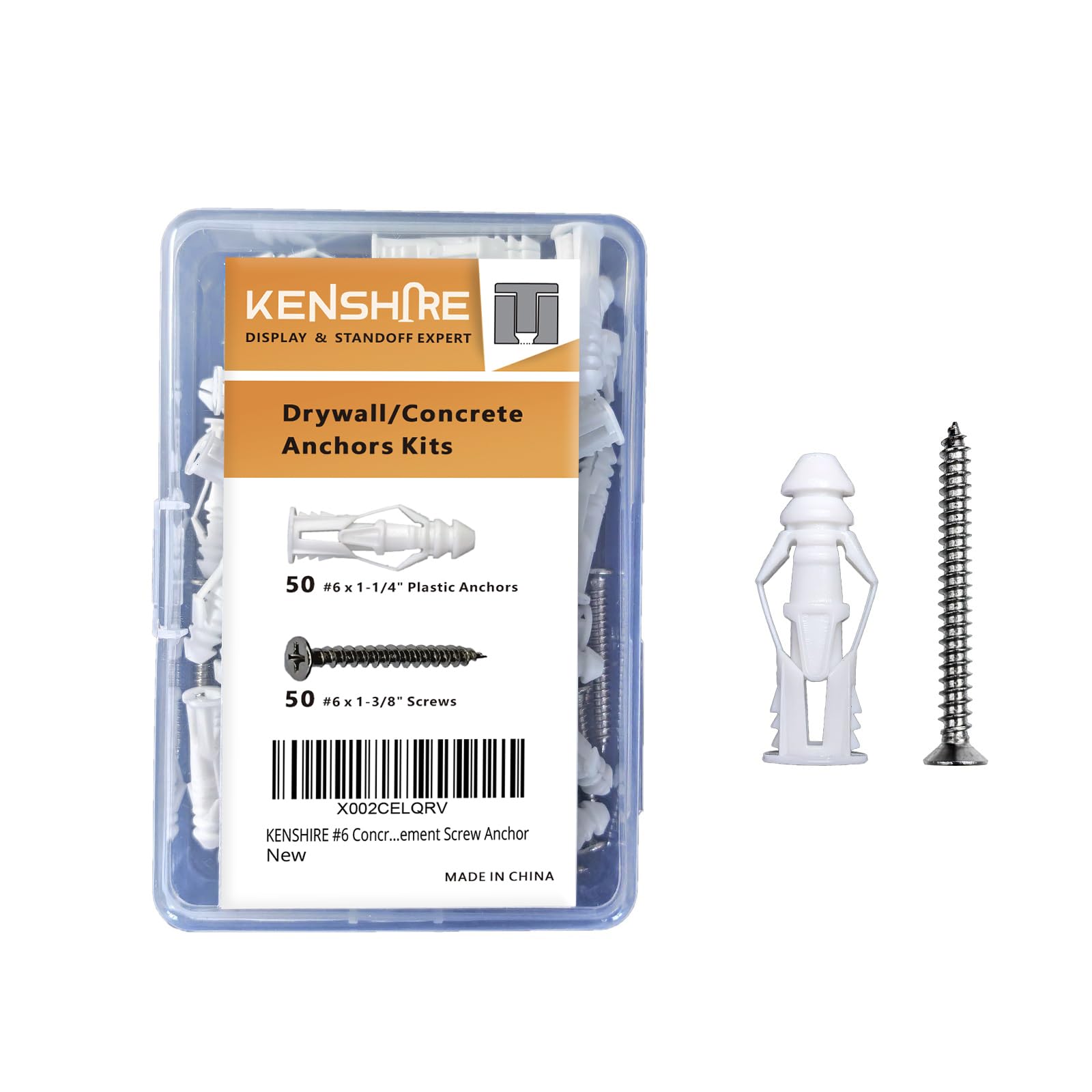Kenshire White #6 Concrete Wall Anchor And Stainless Steel Screw Assortment Kit 100Pcs Plastic Drywall Anchors And Flat Head Screws For Sheetrock Brick Cement Screw Anchor