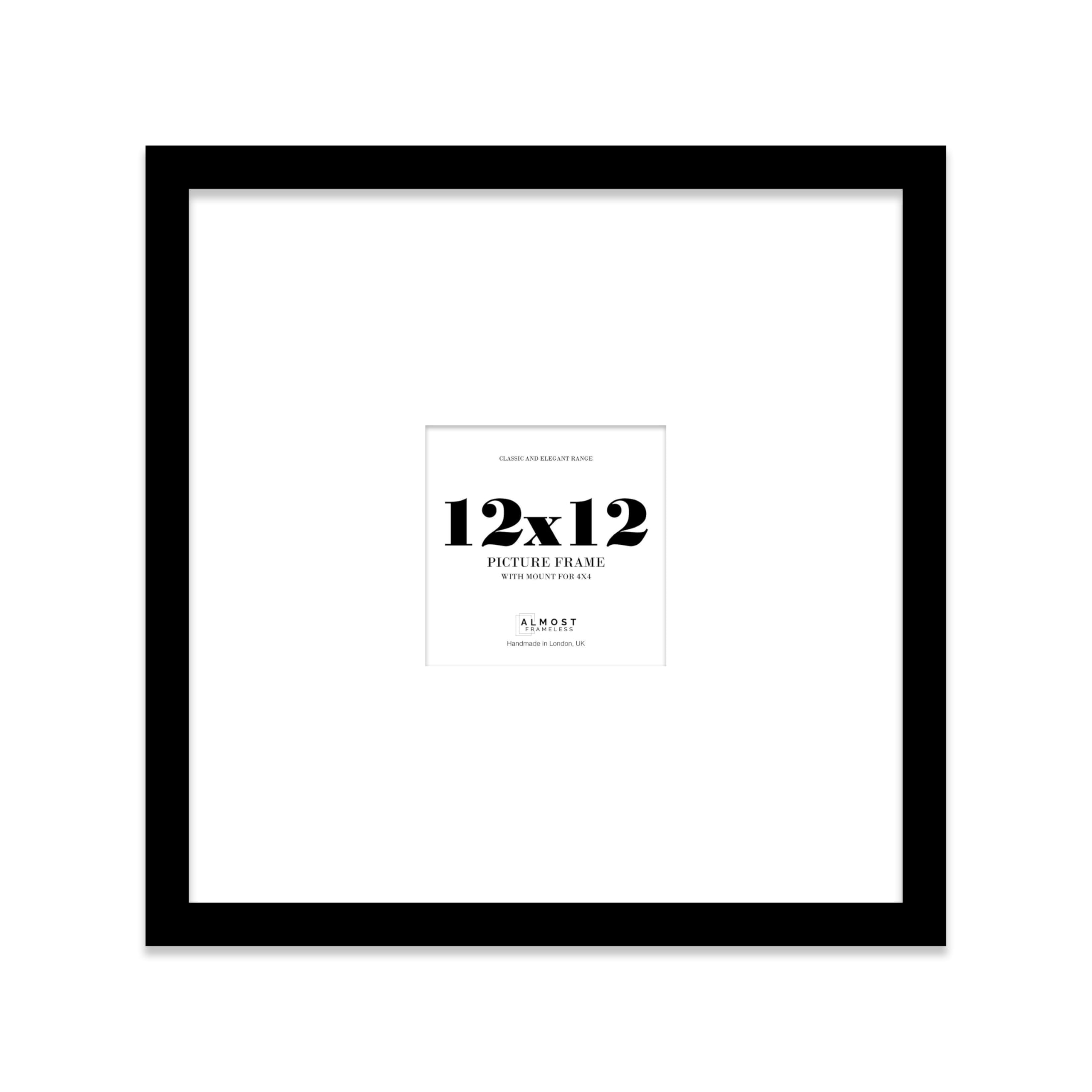 12x12 Black Picture Frame with Large Mount for 4x4 Photos, Prints - Modern Square Wall Frame, 1 Pack