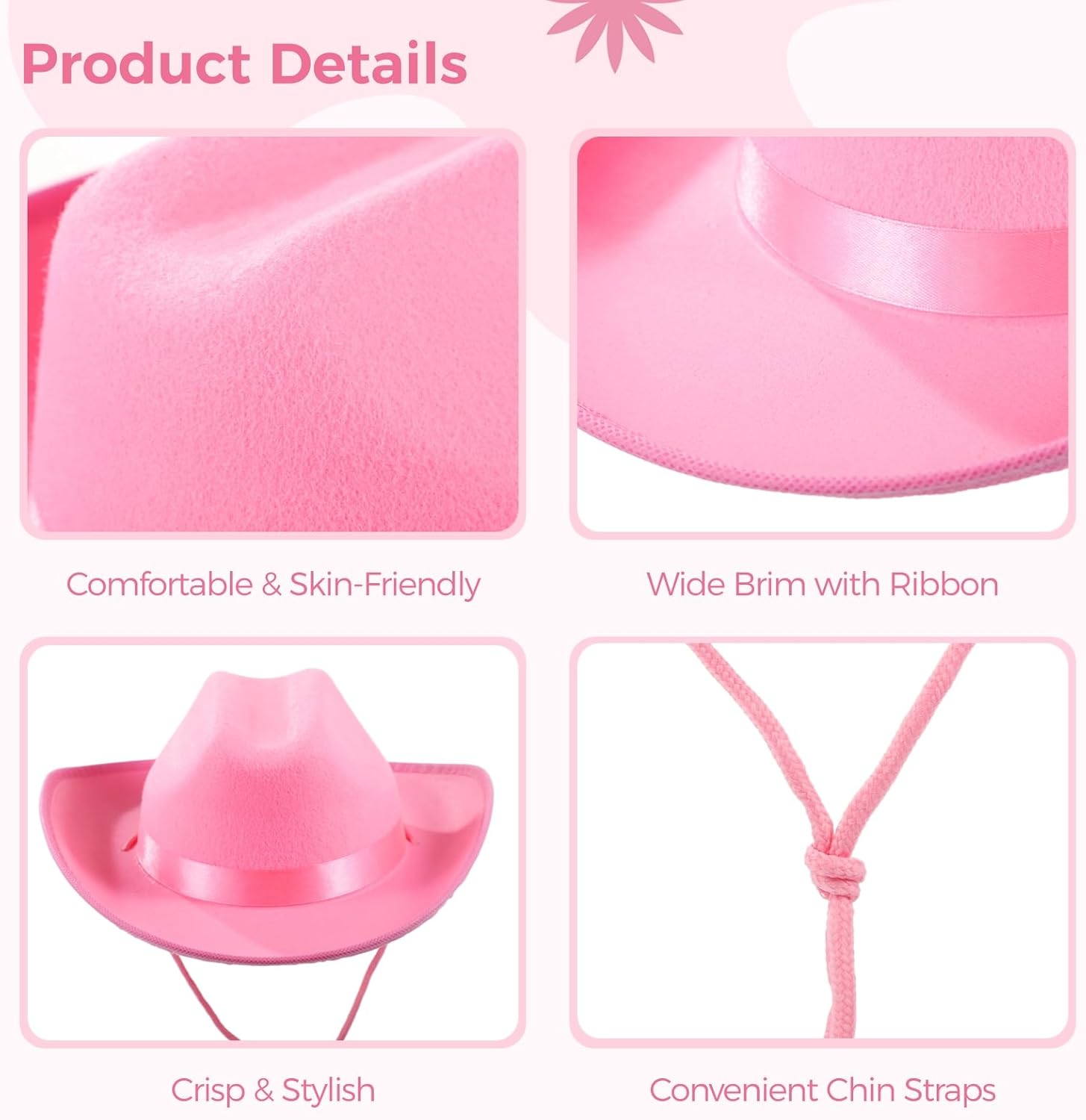 Cowgirl Hats, 6-Pack, Kids' Western Dress-Up, Chin Straps, Party Accessories