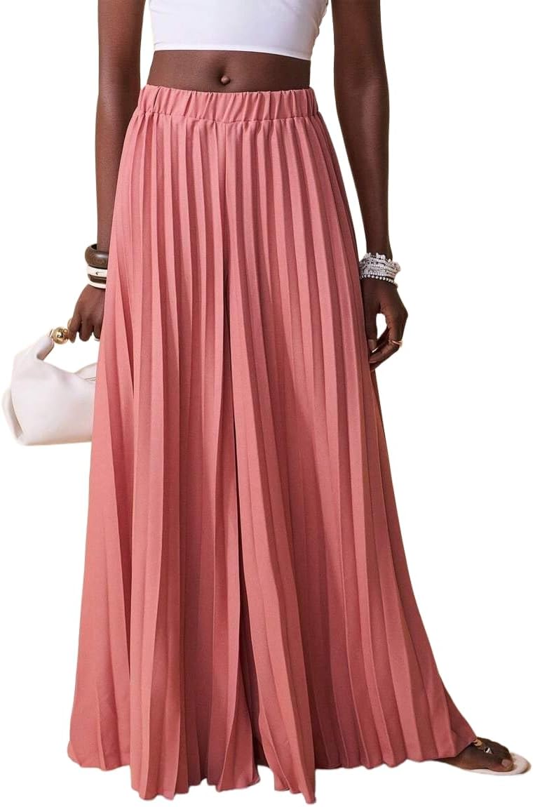 QJQ Women's Elegant Flowy Palazzo Wide Leg Pants Elastic High Waisted Loose Dressy Pleated Trousers