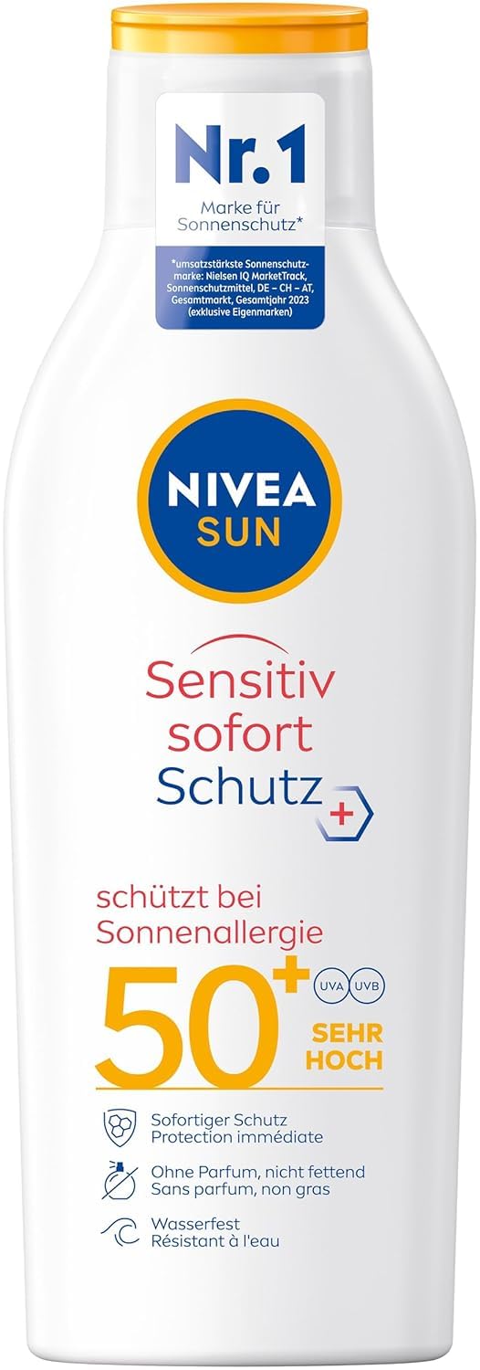 NIVEA SUN Sensitiv Sofortschutz Sonnenlotion LSF 50+ (200 ml), Sonnencreme mit LSF 50+ für empfindliche Haut, wasserfester & parfümfreier Sonnenschutz bei Sonnenallergie