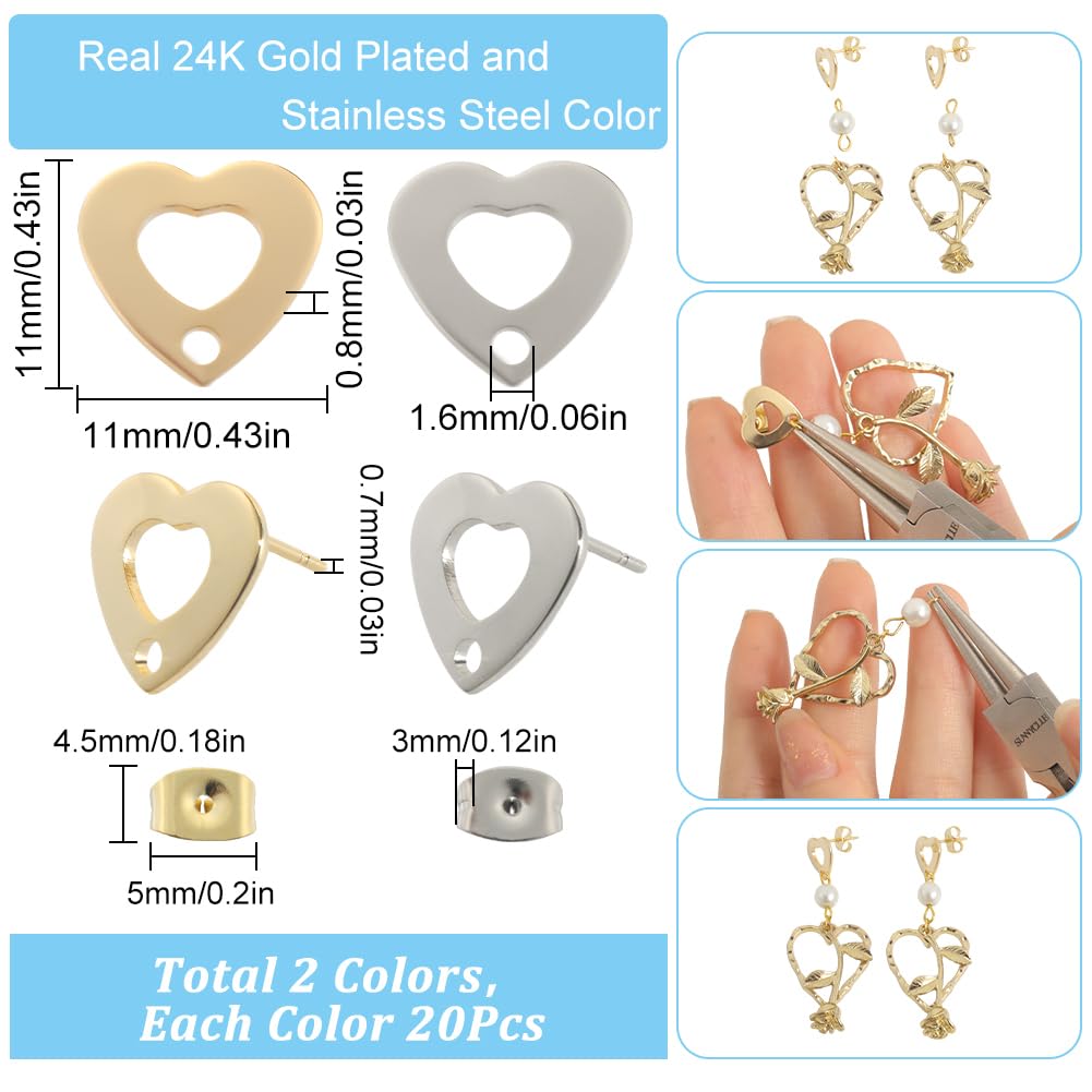 SUNNYCLUE 1 Box 40Pcs Real 24K Gold Plated Heart Earring Findings Earring Post with Hole Heart Earrings Post Earring Studs Bulk Earring Post for Jewellery Making Accessories DIY Dangle Earrings Craft - Image 2