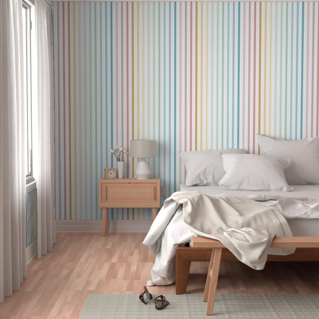 Peel & Stick Wallpaper 3ft x 2ft - Pastel Rainbow Vertical Stripes Custom Removable Wallpaper by Spoonflower