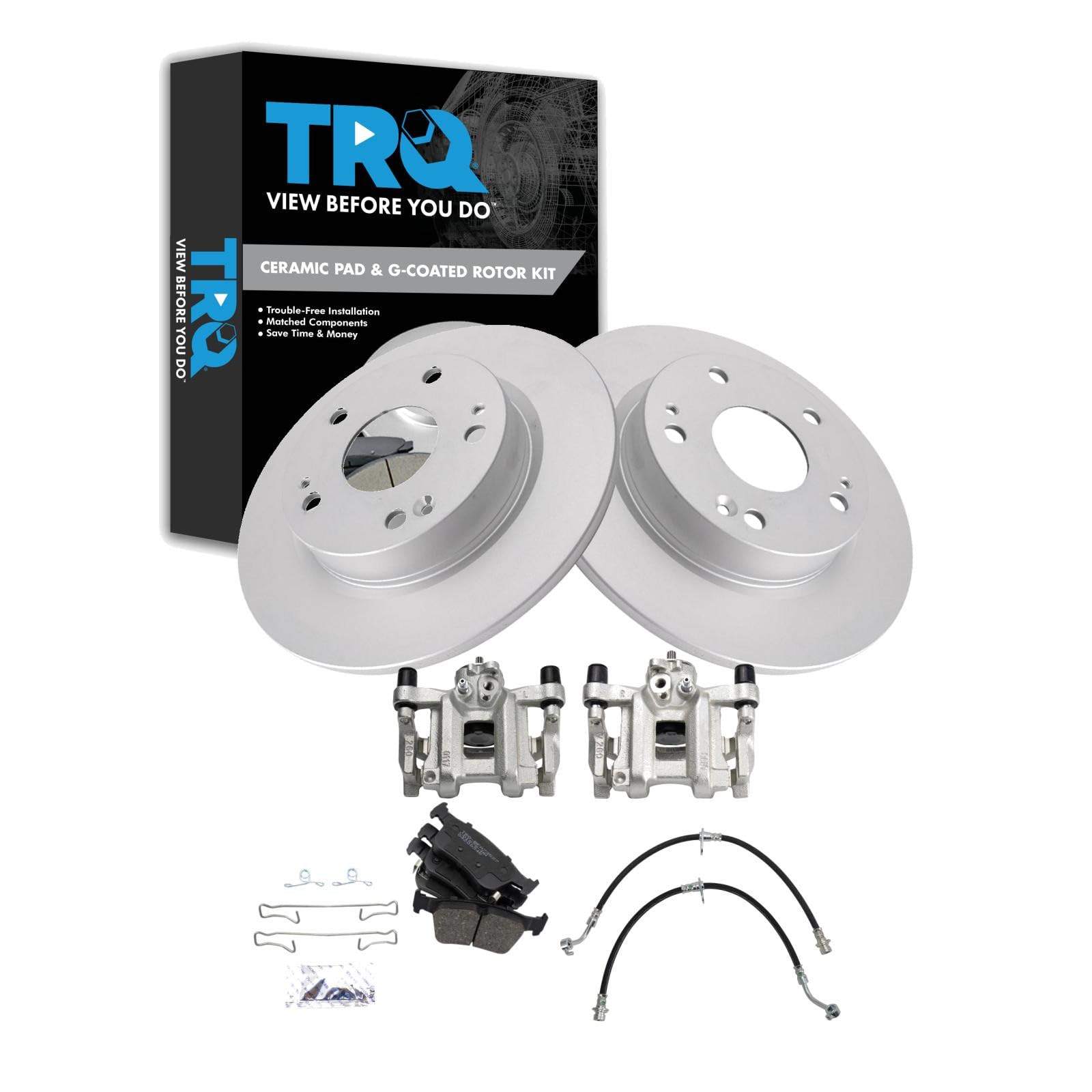 TRQ Rear Brake Pad and Rotor Set Ceramic Coated Rotors Calipers Compatible with 2016-2019 Honda Civic