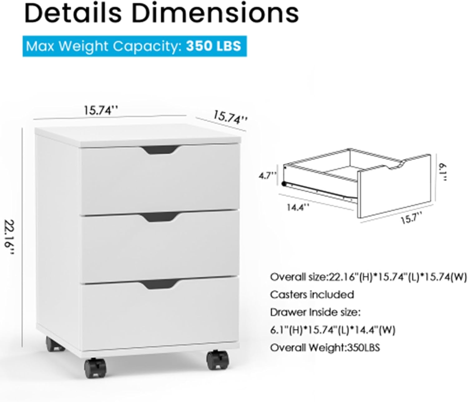 3 Drawer Closed Mobile Storage Cabinet with Wheels, Hidden Rolling Organizer for Private Items, Secure Drawer Unit for Home and Office Belongings