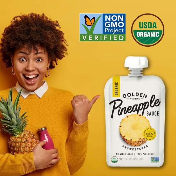 Golden Farms Pineapple Pouches, Single Ingredient Healthy Snacks, 100% Pure Fruit, No Added Sugar, Vegan, Gluten-Free, Kosher, Organic Squeeze Pouch 3.17oz Each thumbnail