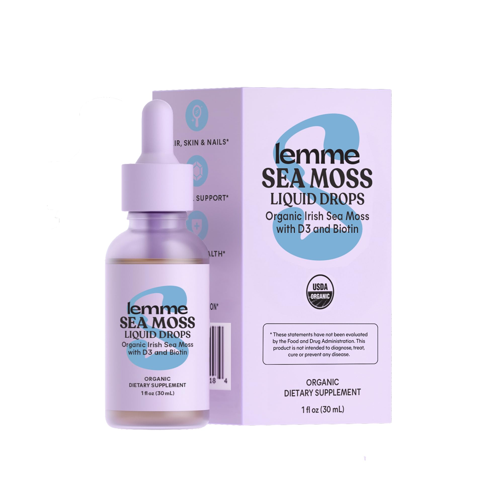 Irish Sea Moss Organic Liquid Drops with Vitamin D3 and Biotin for Trace Mineral Support, Immunity, Hair, Skin & Nails, Brain Health - Vegan, Gluten Free, Non GMO, Sugar Free, 1 oz, 30 Servings