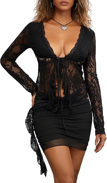 Women 2 Piece Outfits Floral Lace Open Front Tie Up Long Sleeve Crop Top Blouse Shirt and Mini Skirt Set