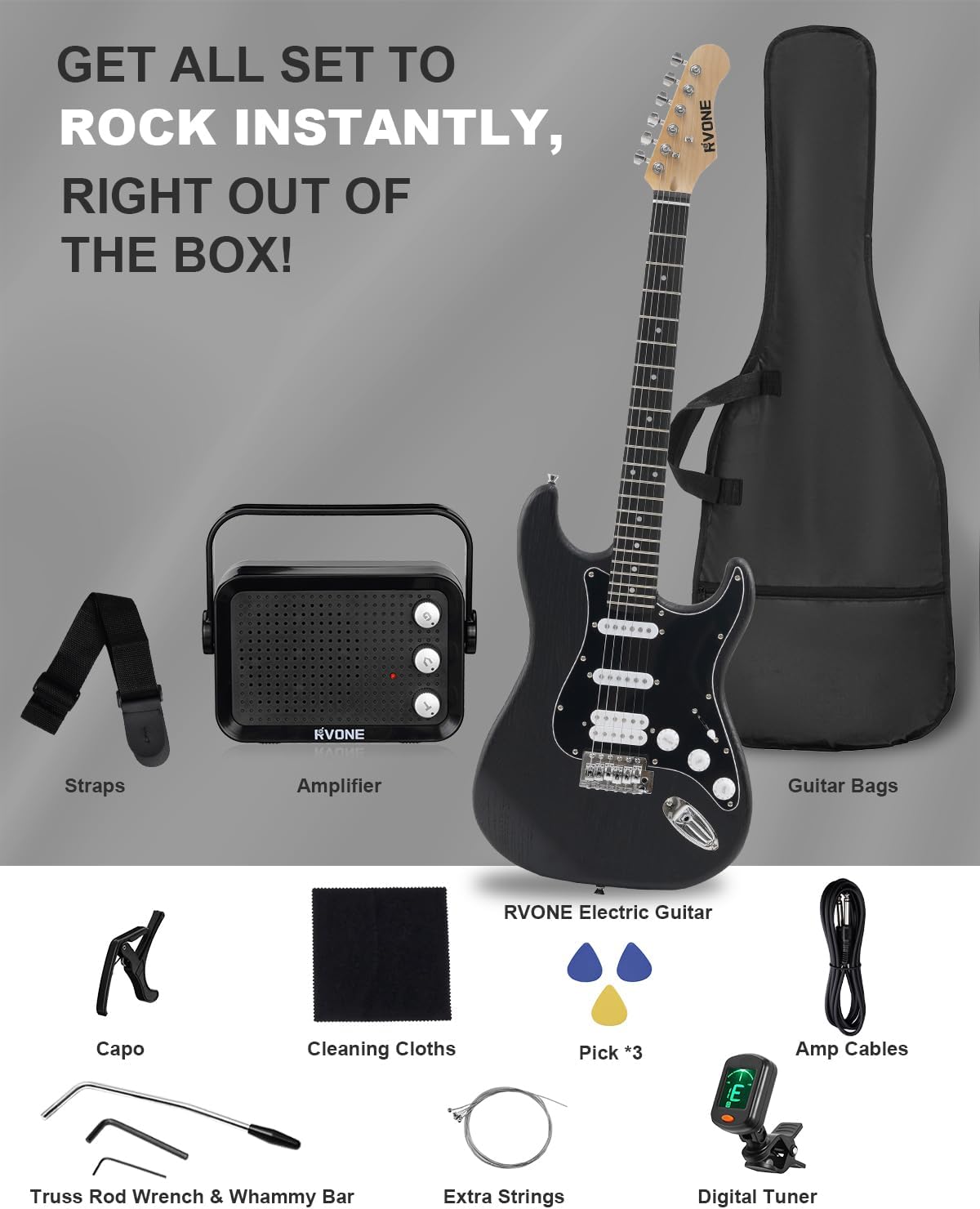 RVONE RST-150 39" Beginner Electric Guitar Kit with Amp & HSS Pickups | Complete Starter Set for Newcomers w/Essentials | Gig Bag, Extra Strings, Digital Tuner, Capo, Strap | Home Practice (Black)