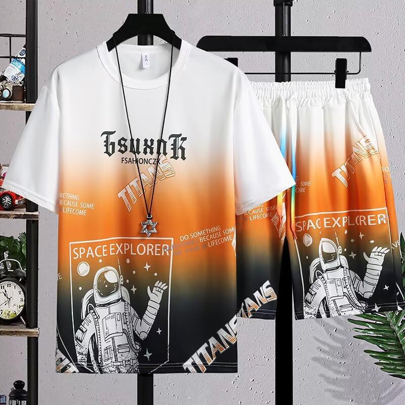 Red-Orange Color Summer Casual Round Neck Men's Suit Breathable Ice Silk Sportswear4