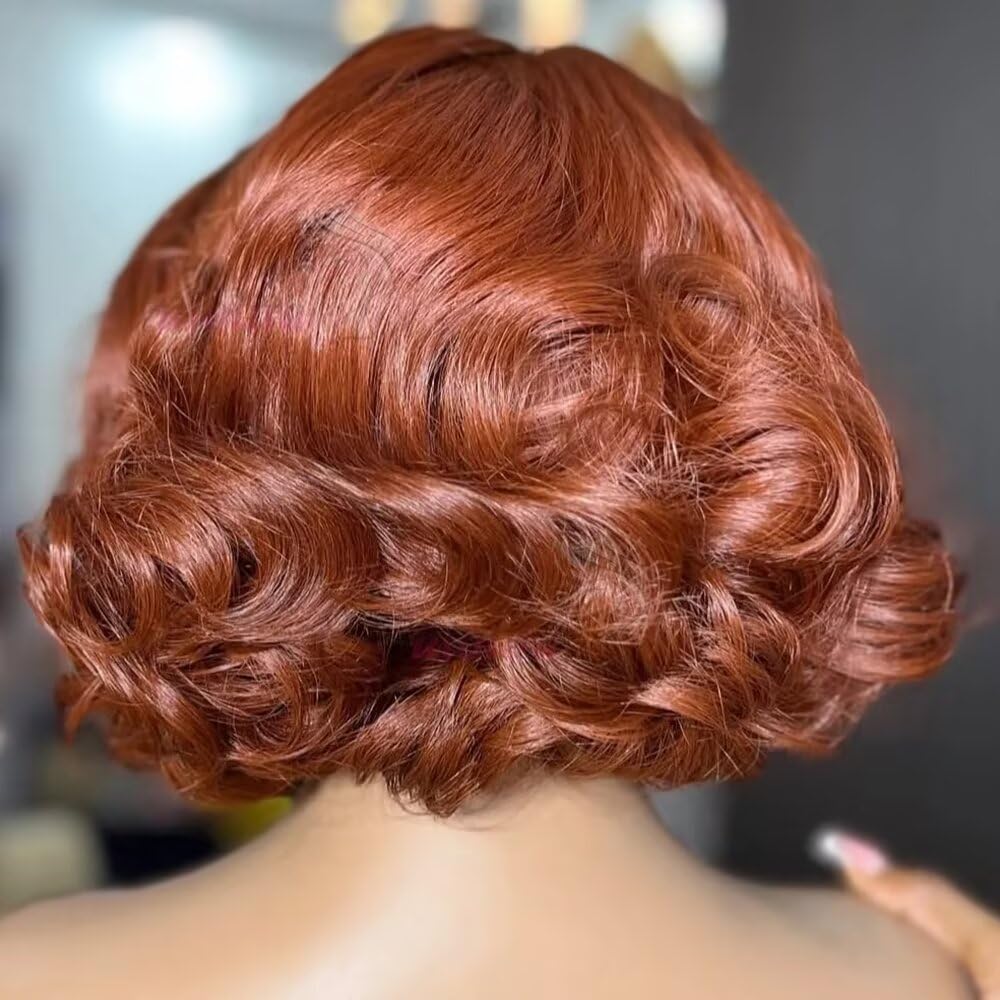 Ombre Ginger Orange Short Bob Loose Bouncy Wave 13X4 Transparent HD Lace Front Brazilian Human hair Glueless Wig Ombre Orange and Black Color Bob Cut Wig Pre Plucked with Bleached Knots 150 Density