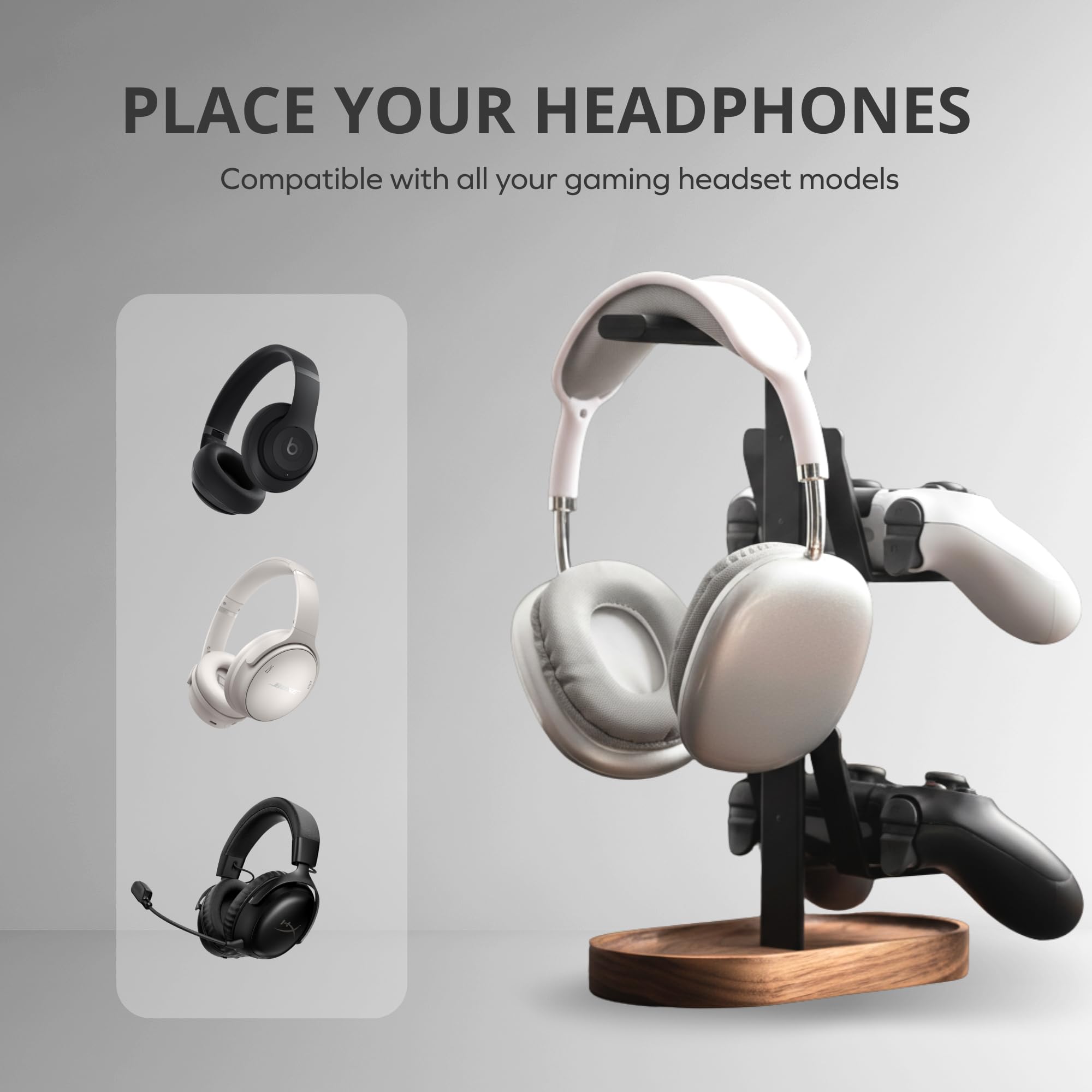 muso wood Supporto per controller da gioco 2 in 1, supporto per cuffie, supporto per controller in noce, supporto per cuffie da tavolo per controller di gioco e accessori per auricolari per PC