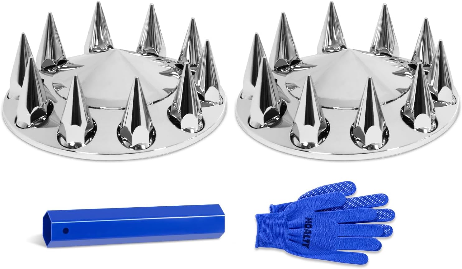 Chrome Pointed 2 Front Axle Cover Kit with 32mm/33mm Spike Screw-on Lug Nut Covers with Removable Hub Caps for Semi Truck (Installation Tool Included)