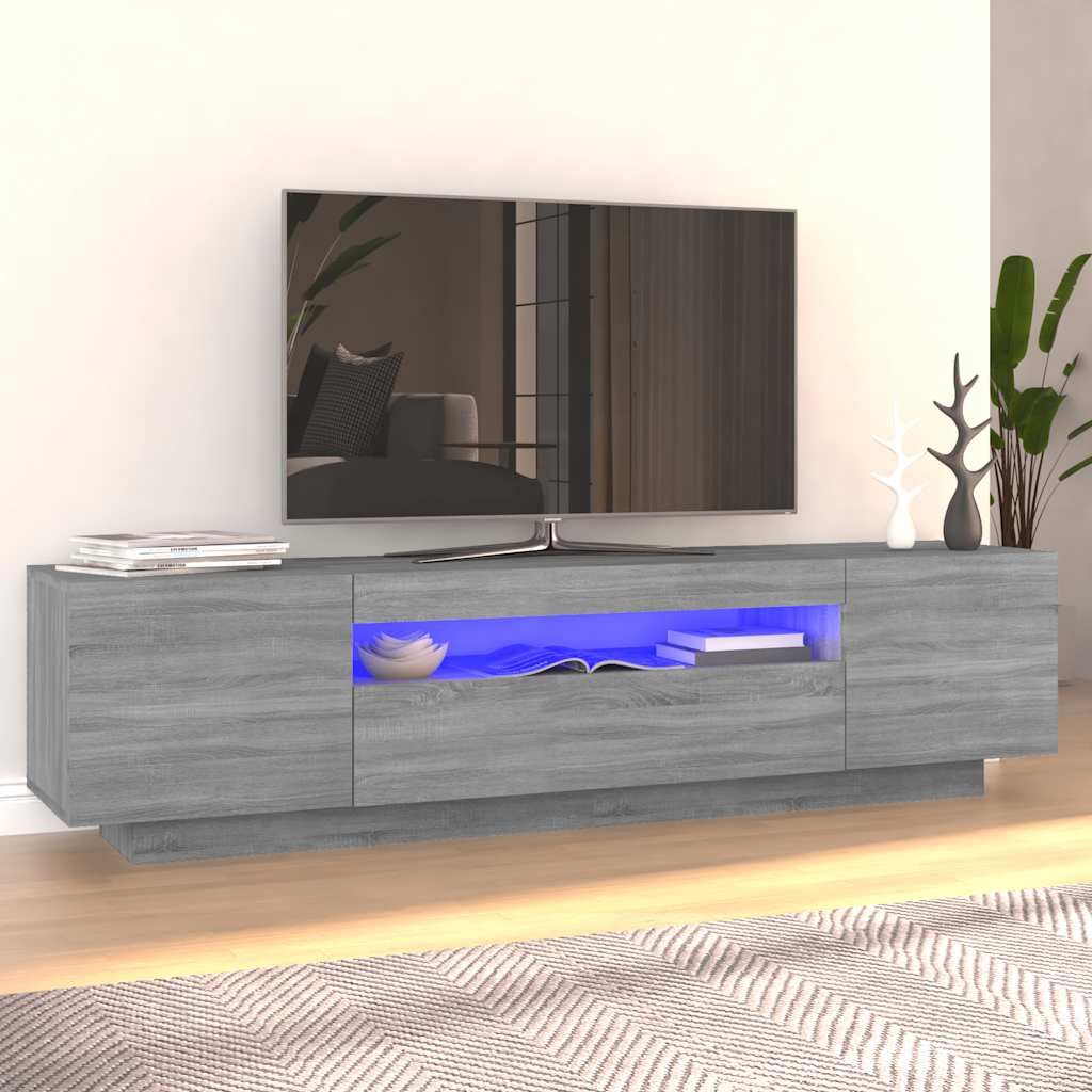 Szafka Pod Telewizor z Oświetleniem LED, Drewno Konstrukcyjne, Nowoczesna Szafka Pod Telewizor z 3 Drzwiami do Odtwarzaczy DVD i Konsoli do Gier itp, 160 X 35 X 40 cm (Szara sonoma)