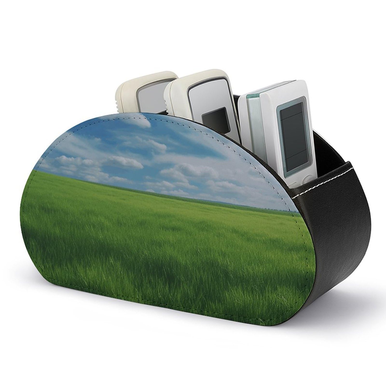 NTVOWPZO Field Green Grass Remote Control Holder with 5 Compartment Organizer Box, Leather TV Remote Holder Organizer Caddy for Table, PU Leather Remote Box for Nightstand Office Desk Storage Box
