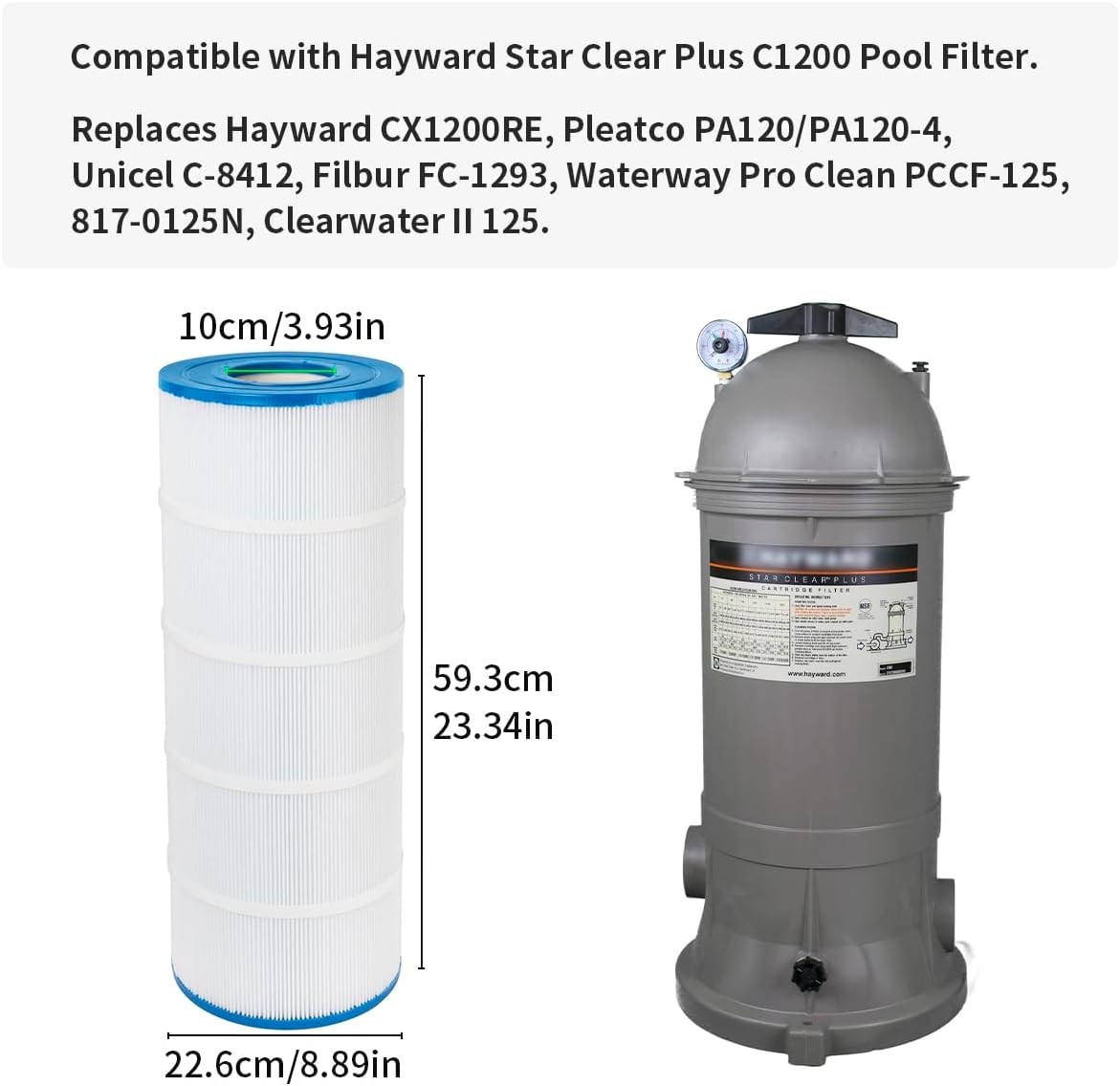 WuYan 4pcs PA120 Pool Filter Compatible with Hayward C1200, CX1200RE, PA120,for Unicel C-8412, for Filbur FC-1293,for Clearwater II 125,120 Sq. Ft Cartridge