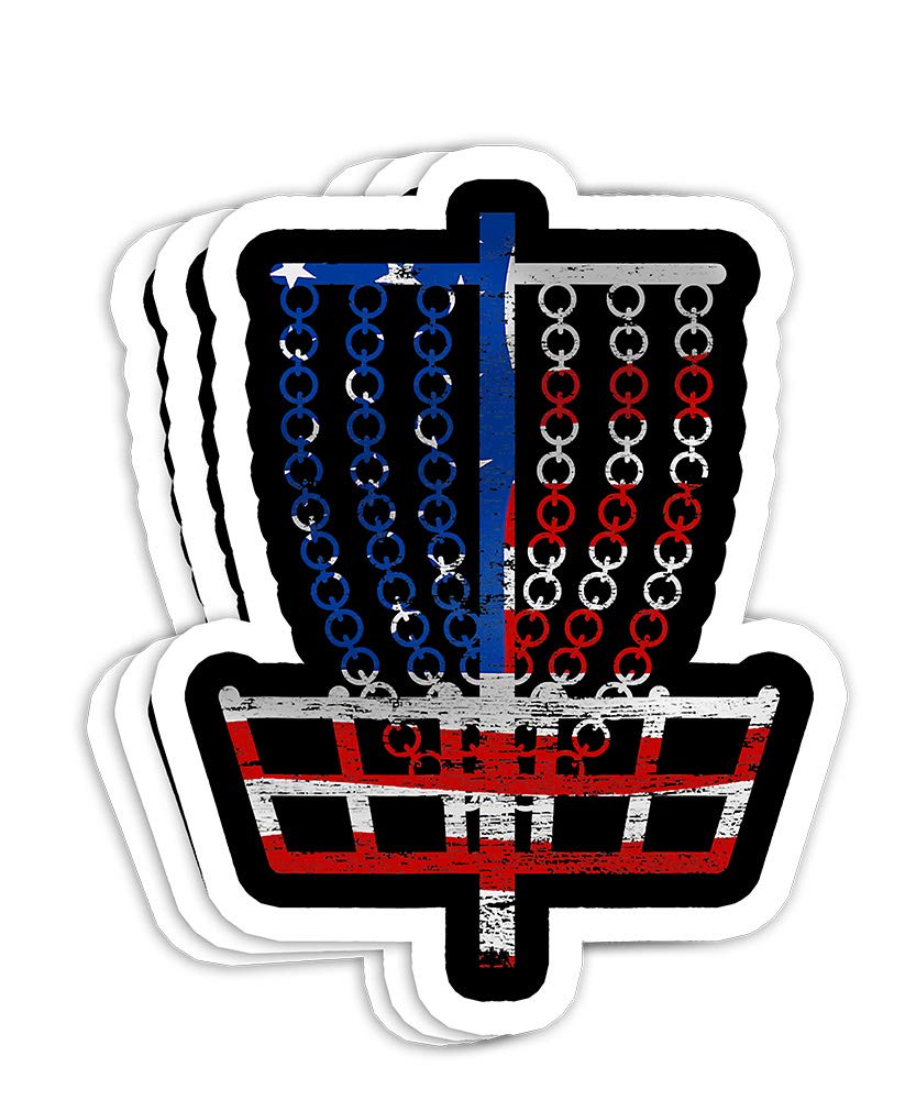 Cool US Flag Disc Golf Basket - Fourth of July Golfer Gift Decorations - 4x3 Vinyl Stickers, Laptop Decal, Water Bottle Sticker (Set of 3)