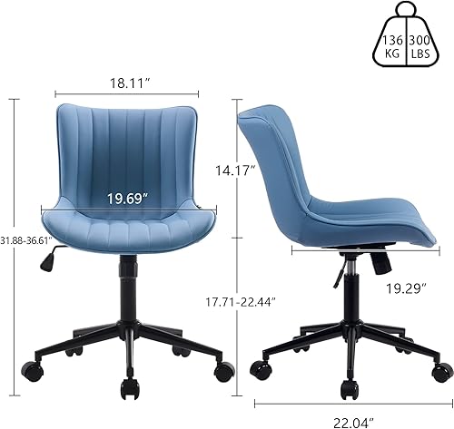 Miniatura 2 de YOUNIKE Silla de escritorio azul para oficina en casa con ruedas, compacta, cómoda, sin brazos, con respaldo, moderna, pequeña, tapizada de cuero,