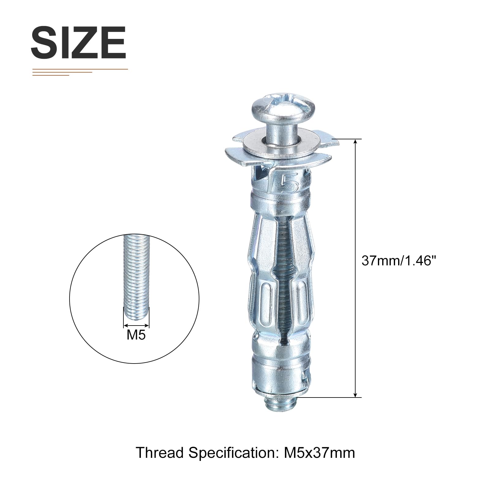 DTGN M5x37mm Hollow Wall Anchors - 35 Pack - Good for Hollow Wall Plaster Walls - Carbon Steel Hollow Drywall Anchors Screws, Silver - Image 2