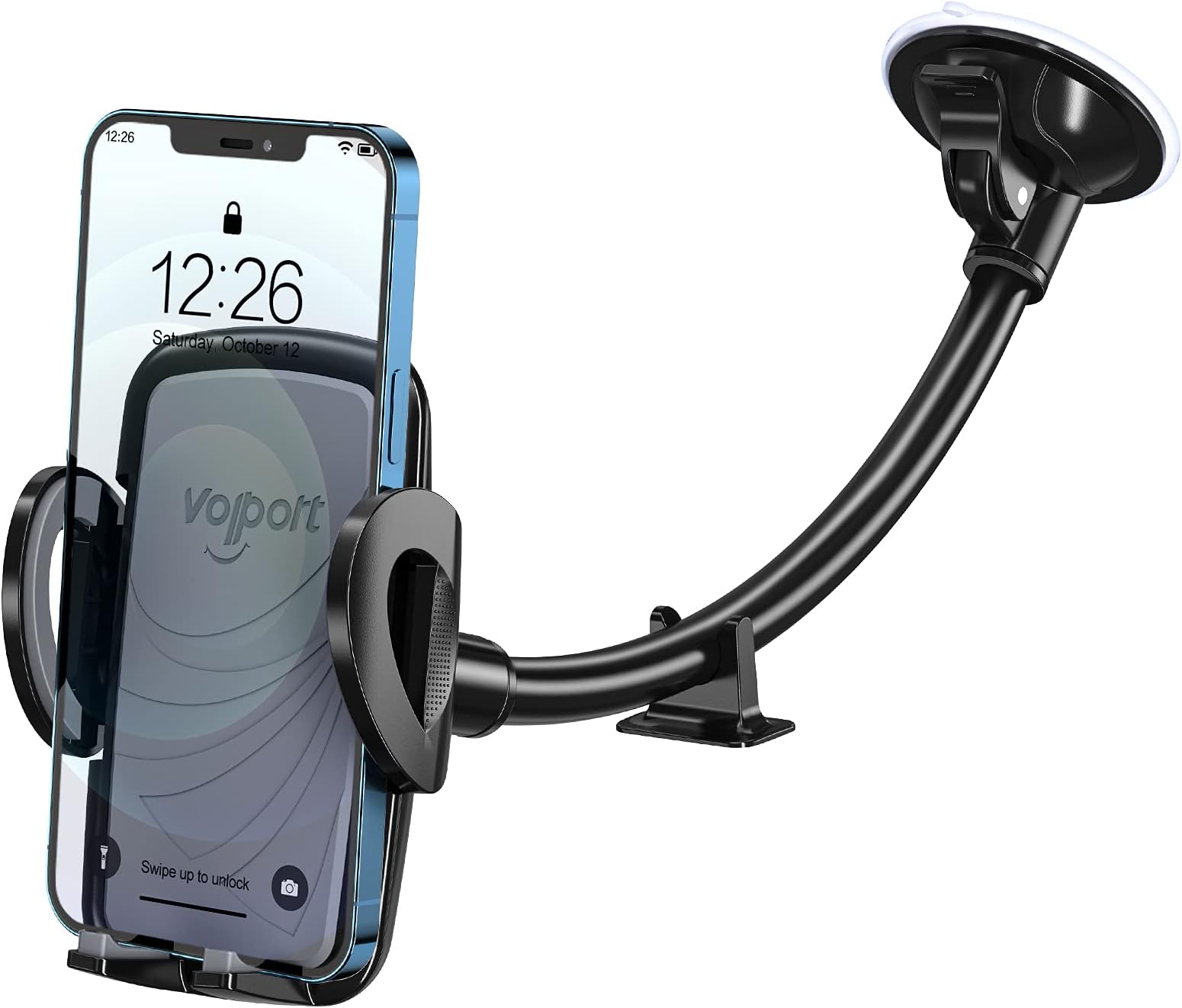 volport Windshield Car Phone Mount, Gooseneck Flexible Cell Phone Holder for Car Window, Universal 360 Degree Rotation Long Arm, Windscreen Suction Cup Cradle with Anti-Shake Stabilizer for iPhone
