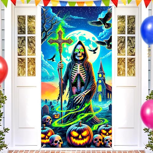 Image of BlissYard Halloween Door Cover Grim Reaper Cross 35x71 Inch Polyester | Door Banner, Wall Decor | Grim Reaper Entry Accent, Skeleton Backdrop | Porch, Hallway, Party (Gothic Art)