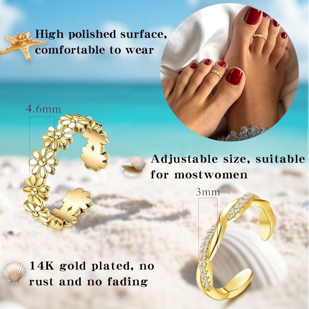 Gold Filled Toe Rings for Women Non Tarnish Adjustable Open Toe Ring Band Ring Tail Ring Summer Beach Foot Jewelry 2Pcs