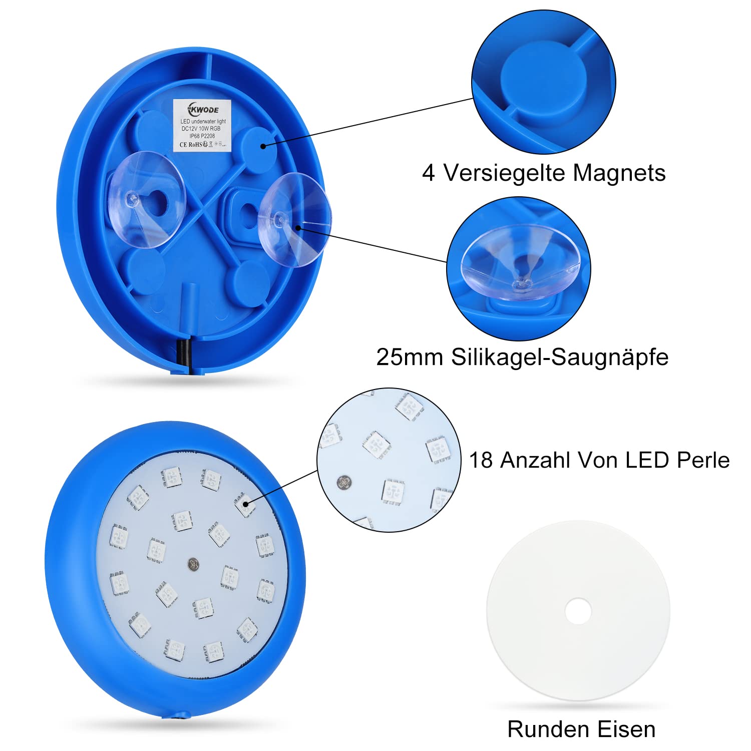 LED Poolbeleuchtung Unterwasser für Aufstellpool, 10W RGB Unterwasser LED Licht Magnet mit 18 LED Perlen, für Frame Pool Stahlwandpool Aquarium Badewanne, IP68 Wasserdicht, 7m Kabel