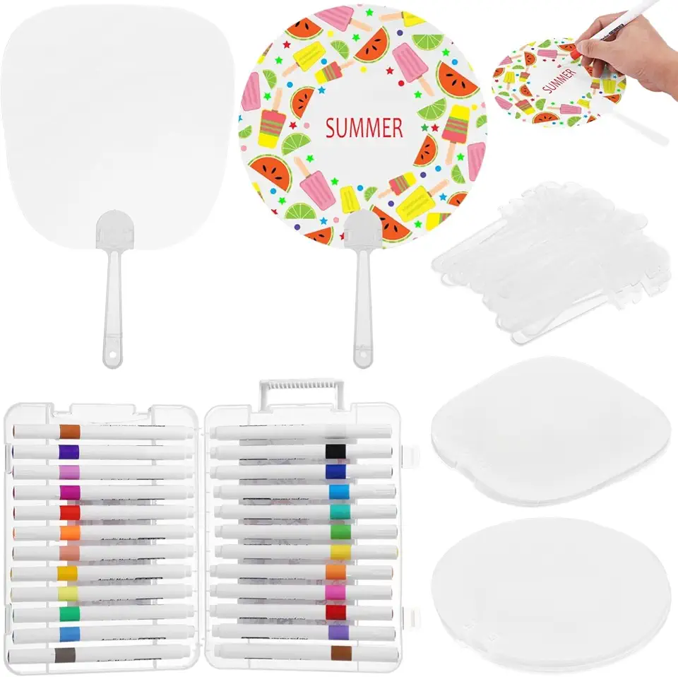 Marcadores de acrílico com capa, conjunto de leques transparentes, pintura DIY, 24 redondos e formato de folha de palmeira, para casamentos, festas, projetos escolares