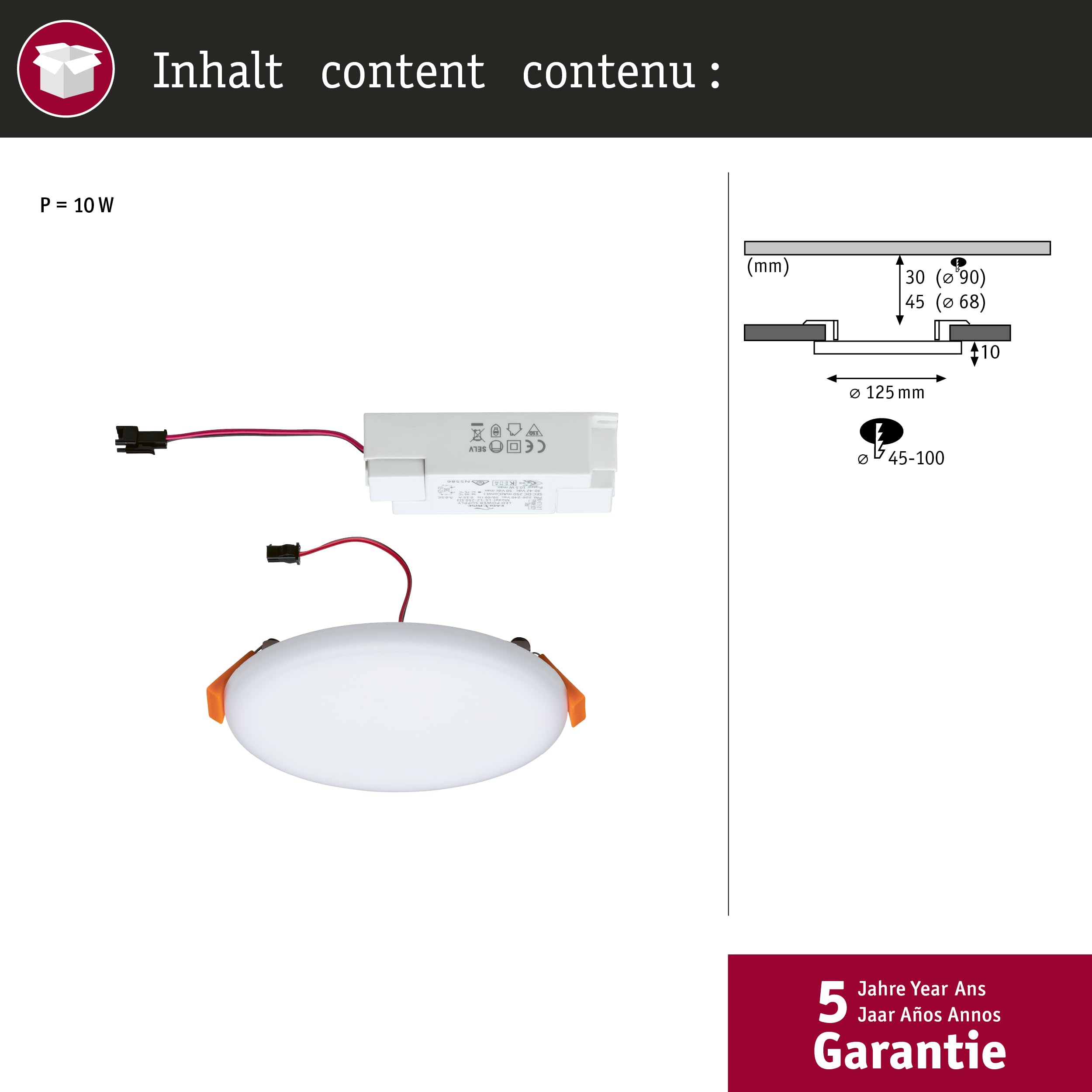 Paulmann 92388 Panel LED, oprawa do zabudowy Veluna VariFit, IP44 125mm okrągła, w kompl. oprawa sufitowa 1x8,5 W satynowa tworzywo sztuczne 3000 K