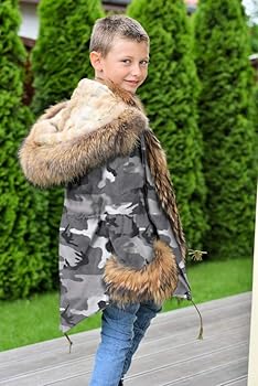Aox Girls Boys Winter Faux Fur Hooded Camo Coat Kids Warm
