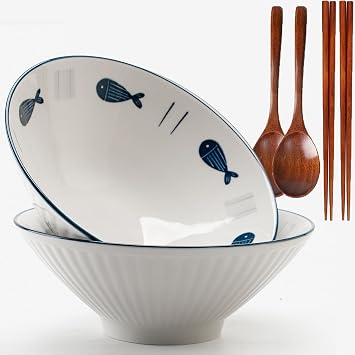 Set of 2 Large Ramen Bowls Made of Ceramic 1100 ml Diameter 20.2 cm Japanese Ramen Bowl Set Japanese Bowl Ceramic Deep Noodle Bowl with Spoon and Chopsticks White Soup Bowl for Ramen and Noodles