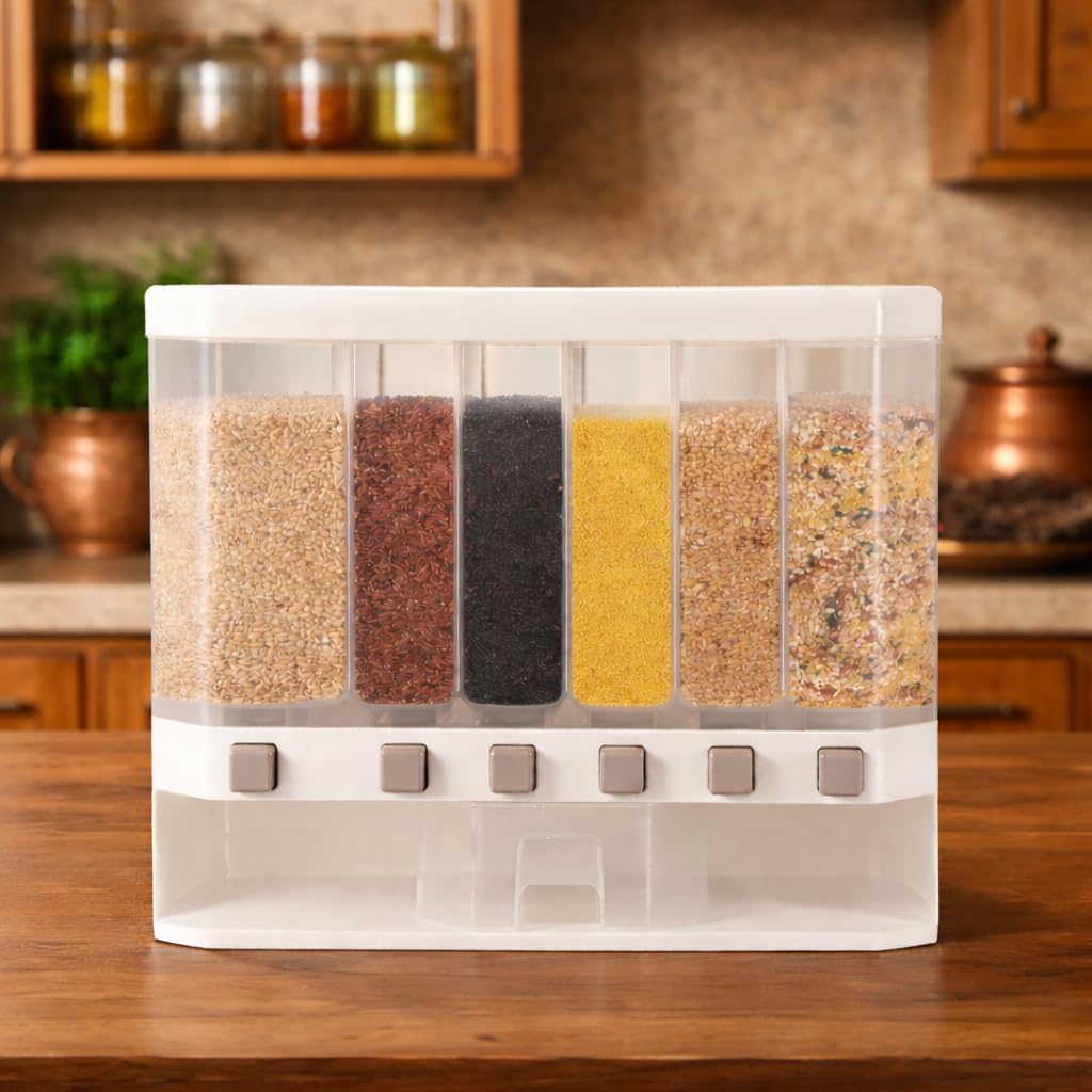 6 Compartment Grain Storage Container with Push Button Dispenser | Airtight Rice & Cereal Storage Box | Multi Grain Dispenser for Kitchen | Dry Food Organizer | BPA Free Storage Bin-image-25