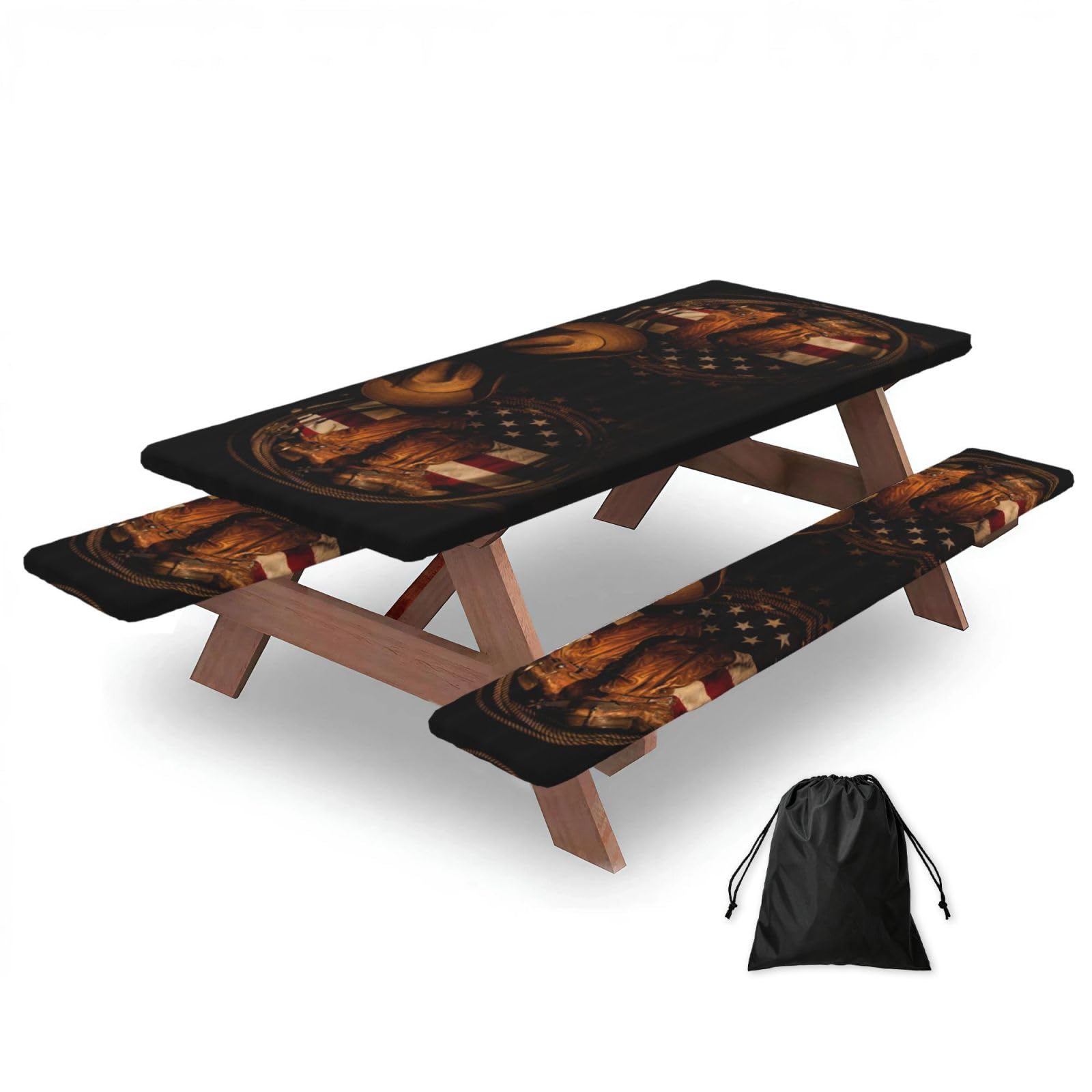 Zyjhyy Black American Flag With Cowboy Boots Print 3 Pack Wipeable Picnic Bench Cover And Table Cover Lightweight Table Cloth For Camping Outdoor