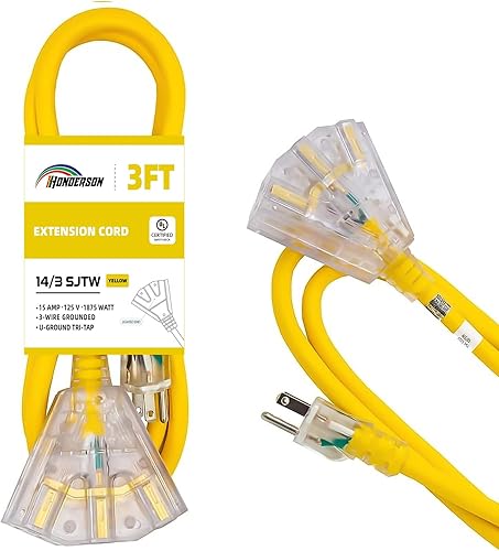 HONDERSON Cable de extensión iluminado para exteriores de 3 pies con 3 tomas de corriente, cable de extensión negro resistente SJTW 143 con enchufe