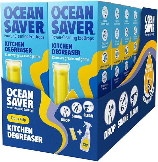 OceanSaver Kitchen Surface Degreaser, Citrus Eco Drop Refill, Eco Mindful Cleaning Product for Removing Grease and Grime, Citrus Kelp Scented Concentrated Cleaning Drop, Just Add Water  12 Pack