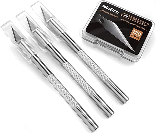 Miniatura 2 de Nicpro Juego de 123 cuchillos de hobby, 3 cuchillos de tallado con 120 piezas de repuesto de cuchillas de arte SK-5 Utility #11, kit de manualidades