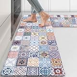 Zussun Boho Kitchen Rug Mats for Floor Cushioned Anti Fatigue Colorful Ceramic Tile Kitchen Rugs Sets of 2 Talavera Non Slip Waterproof Comfort Memory Foam Standing Floor Mat for Laundry Sink Desk