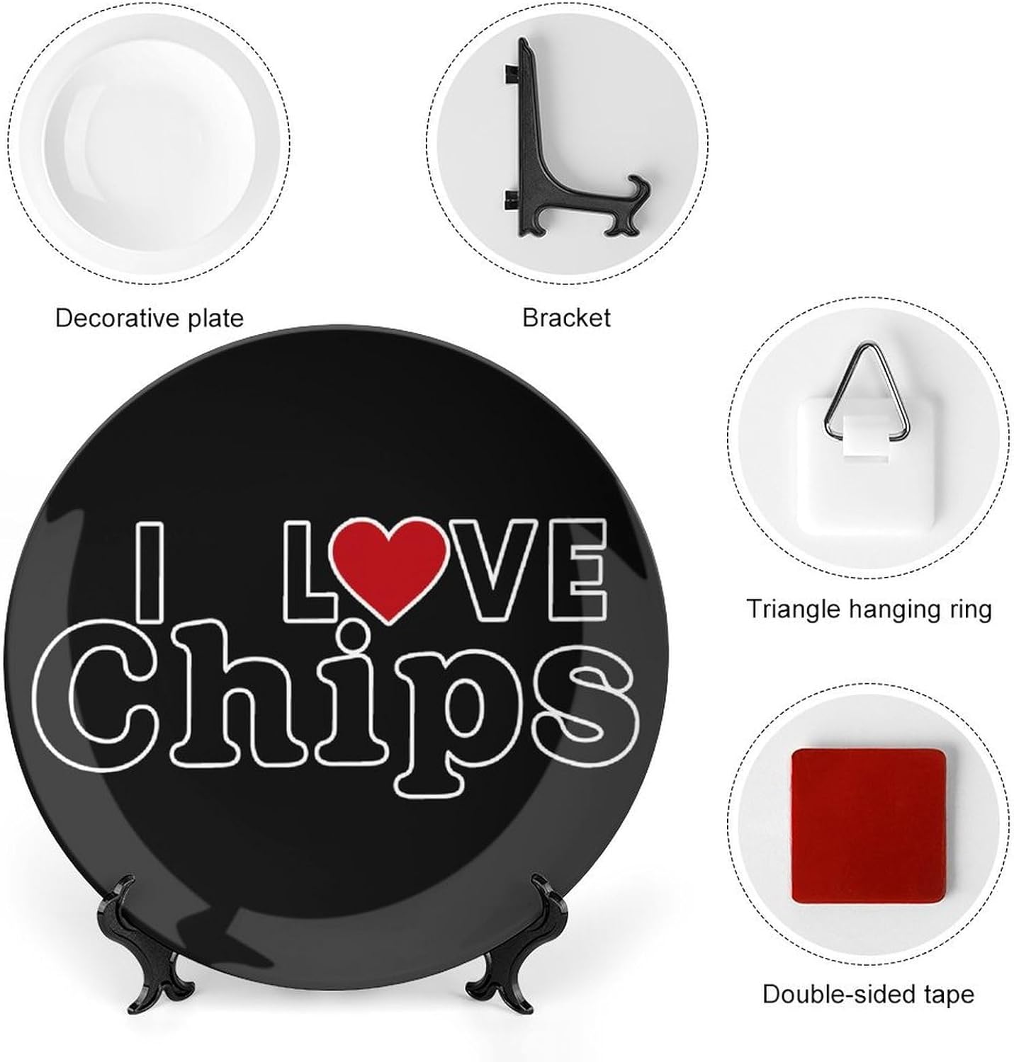 I Love Chips Decorative Plates for Display Ceramic Plate Tray with Stand Hanger Home Decor