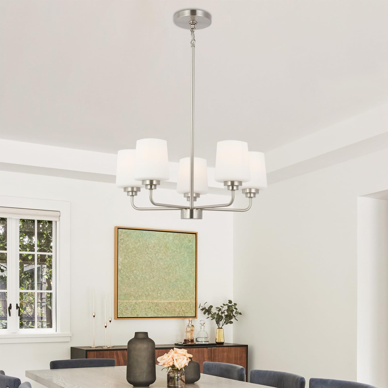 Photo 1 of SKXEXI 5-Light Dining Room Light Fixture, E26 Base Chandelier for Dining Room with White Shades, Modern Chandelier for Living Room, Dining, Kitchen Island (No Bulbs Included)