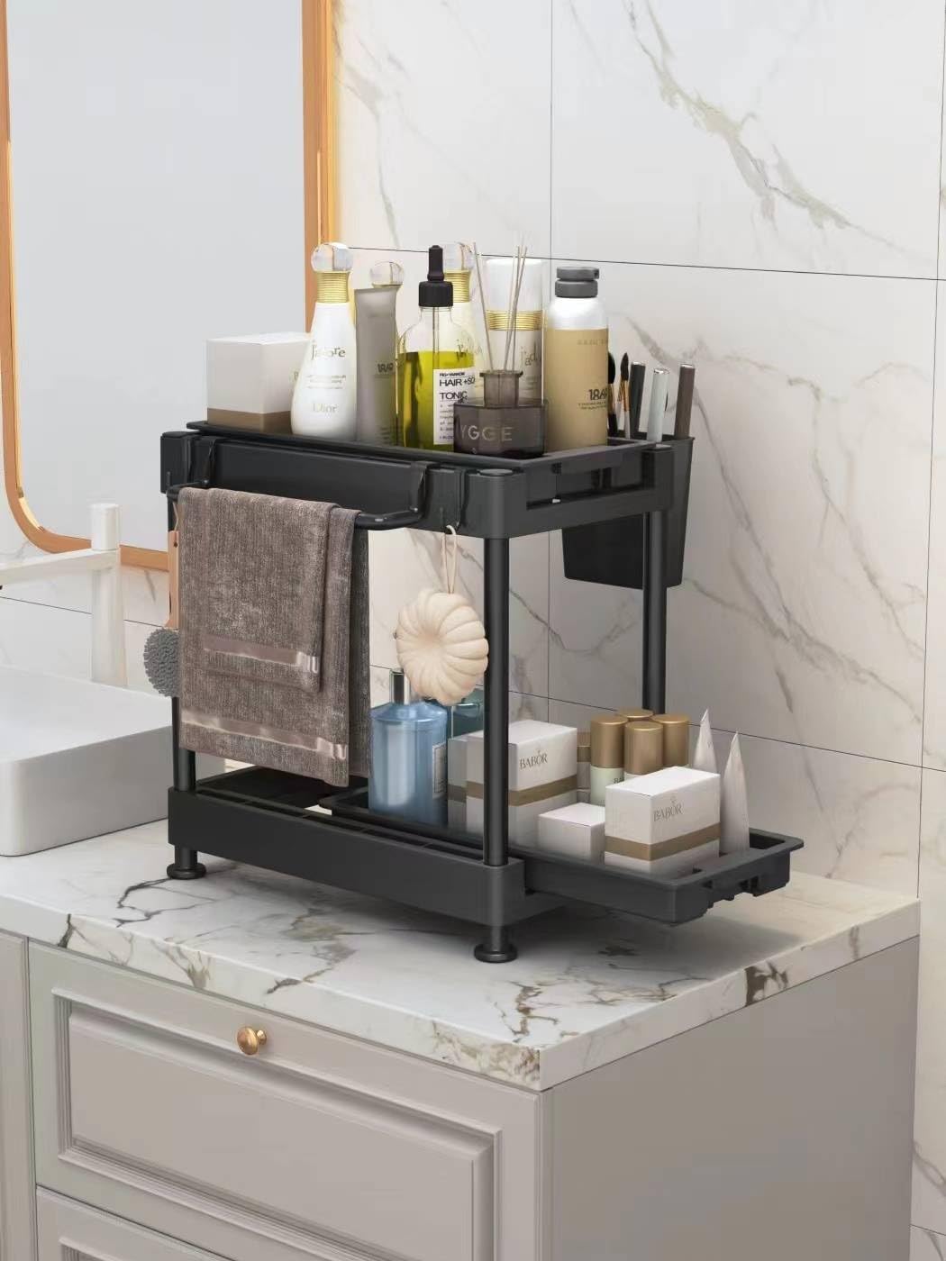 HomeGenic Under Sink Organizer, Double Sliding Pull-out Shelf, Countertop Organizer, Multi-purpose Bathroom Organizer, Kitchen Organizer Storage Rack (Black).