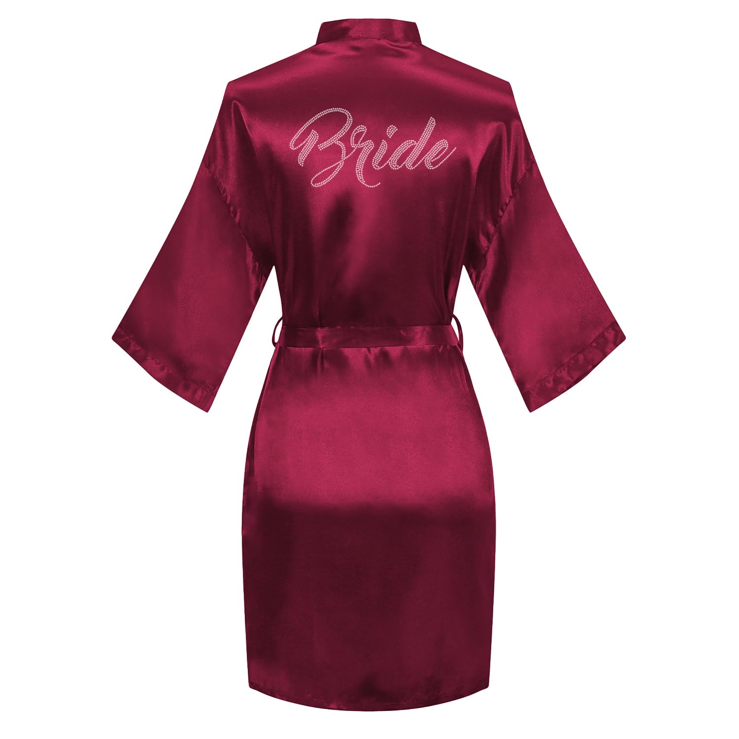Women's Satin Robe Bride Bridesmaid Short Kimono Robes with Silver Rhinestones for Wedding Party Getting Ready